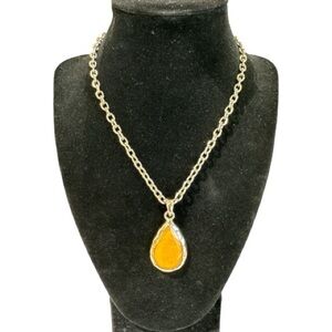 Vintage Signed KC Amber Teardrop Pendant Silver Toned Necklace